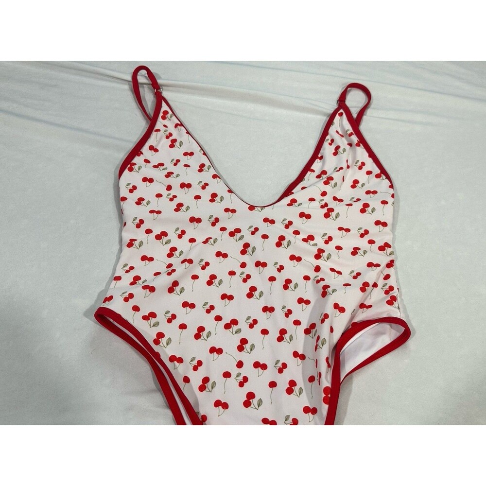 Esonlar Cherry Print High Cut One Piece Swimsuit Size M NWT Plunge V Neck
